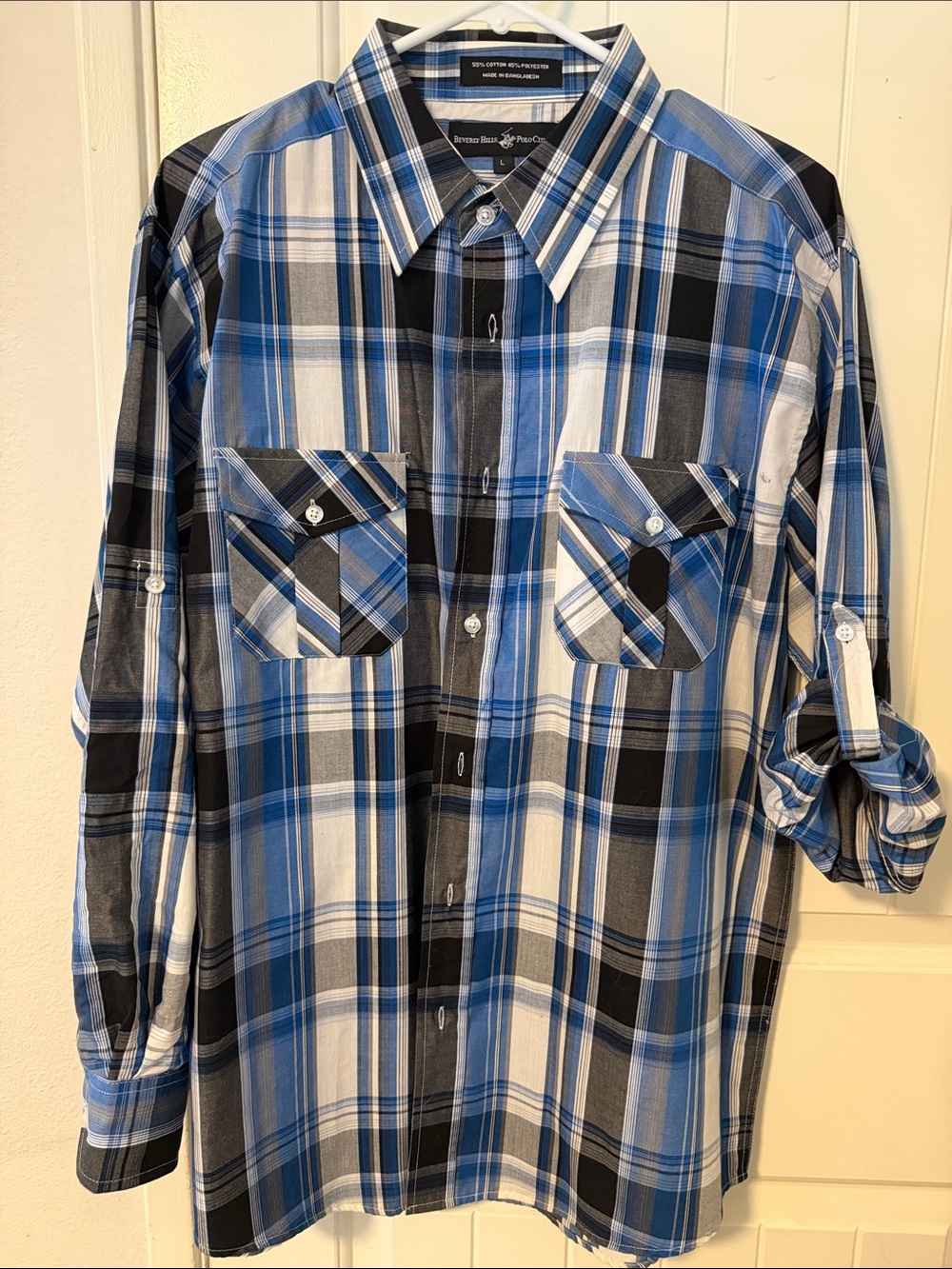 Beverly Hills Polo Club Plaid Button-Down Shirt - Blue/Black/White